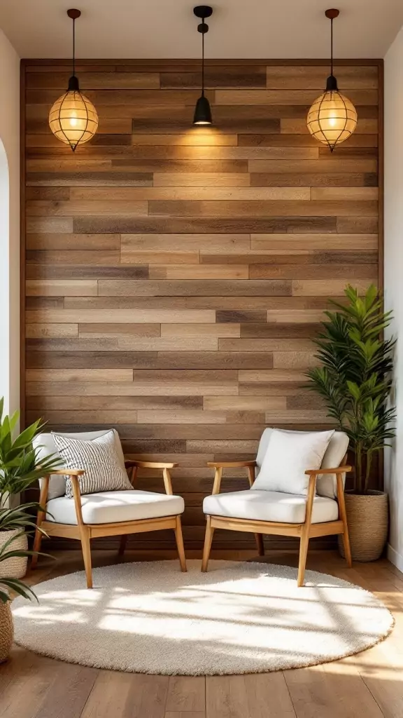 A cozy therapy office with a wood accent wall, two chairs, and greenery.