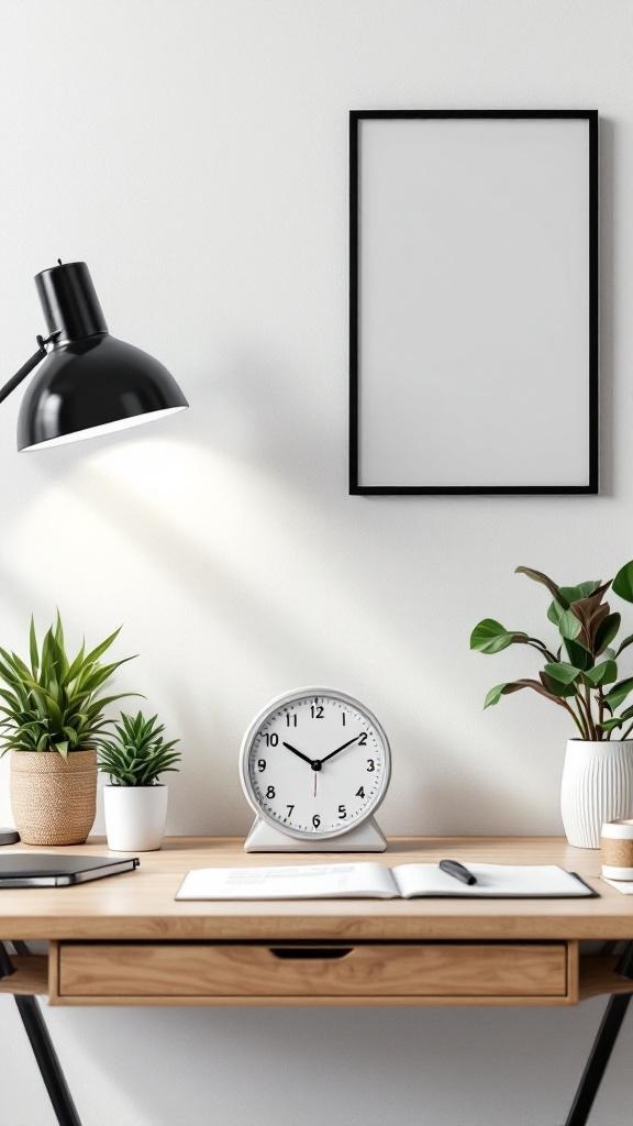A sleek desk clock on a wooden desk with plants and a lamp.