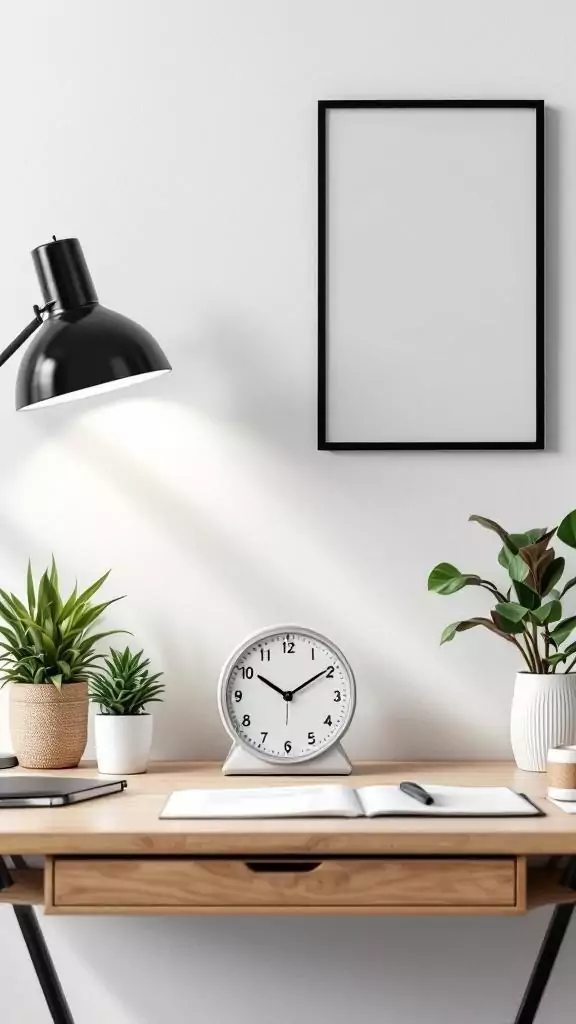 A sleek desk clock on a wooden desk with plants and a lamp.
