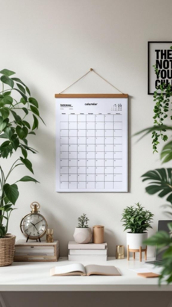 A stylish hanging grid calendar on a wall surrounded by plants and office decor