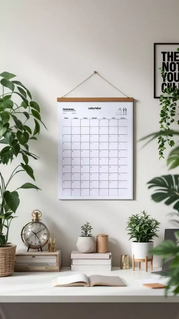 A stylish hanging grid calendar on a wall surrounded by plants and office decor