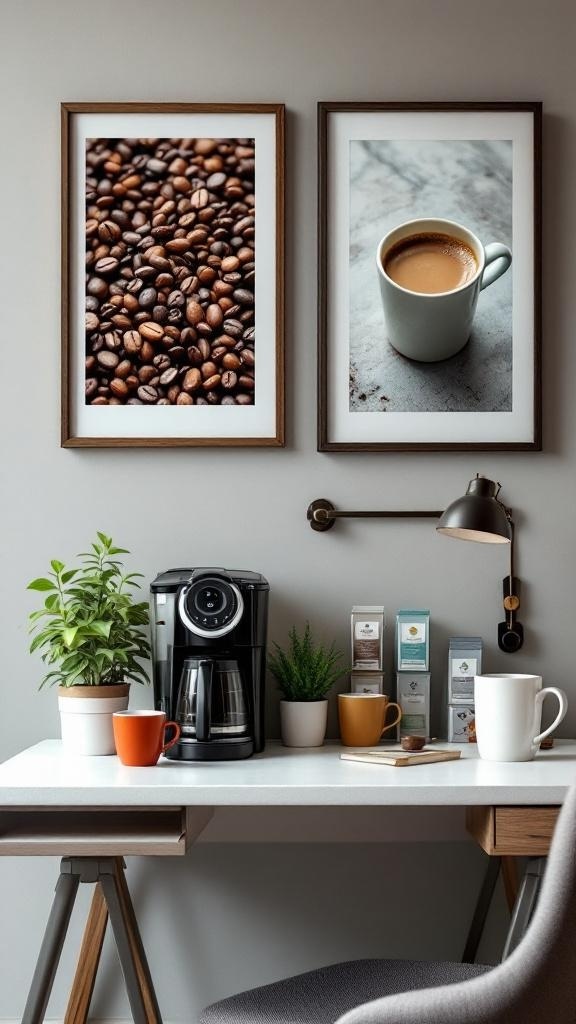 A cozy mini coffee and tea station with mugs, coffee maker, and decorative wall art.