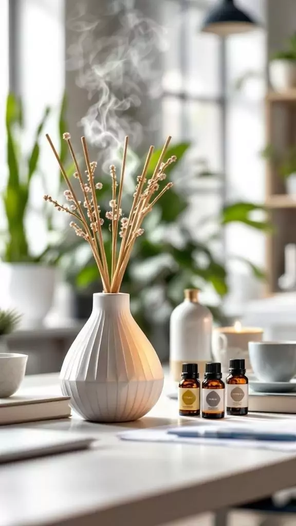 A scent diffuser with energizing oils on a desk in an office setting.