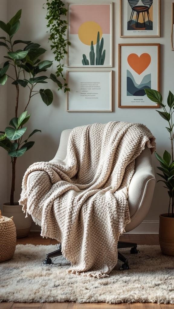 A cozy office chair with a textured throw draped over it, surrounded by plants and framed motivational quotes.