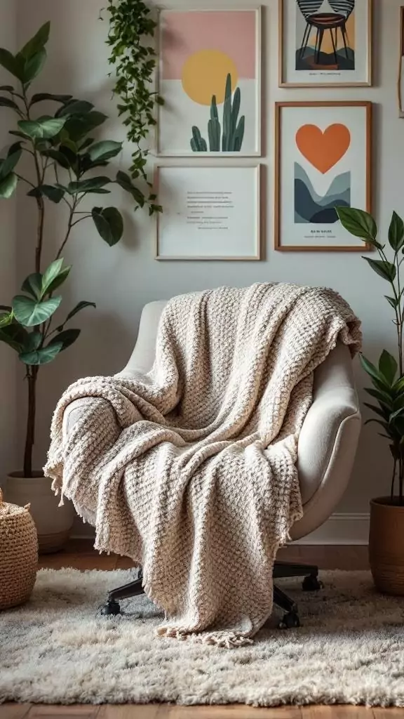 A cozy office chair with a textured throw draped over it, surrounded by plants and framed motivational quotes.