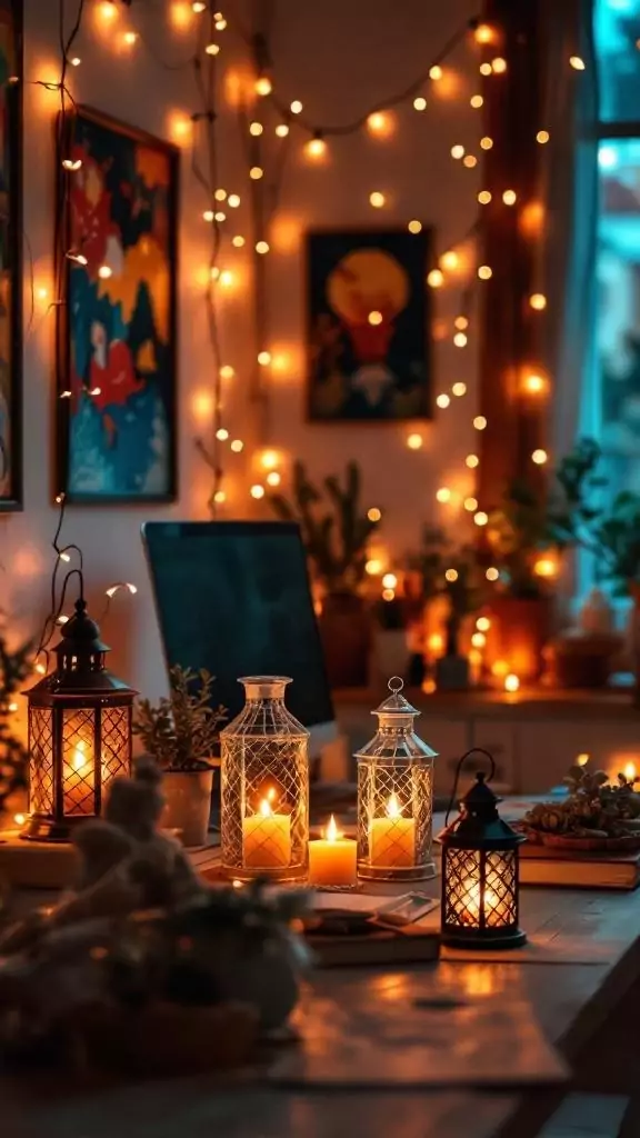 A cozy office space decorated with fairy lights and faux candle lanterns.