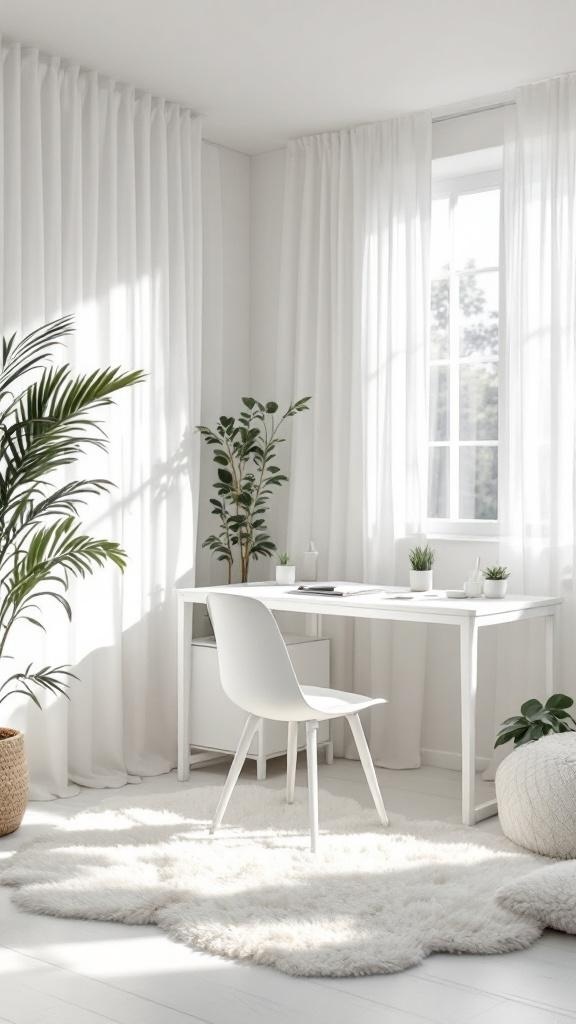 All-white office space with plants and a fluffy rug.