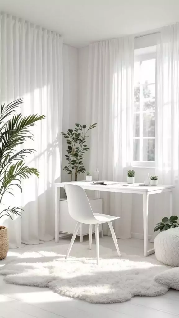 All-white office space with plants and a fluffy rug.