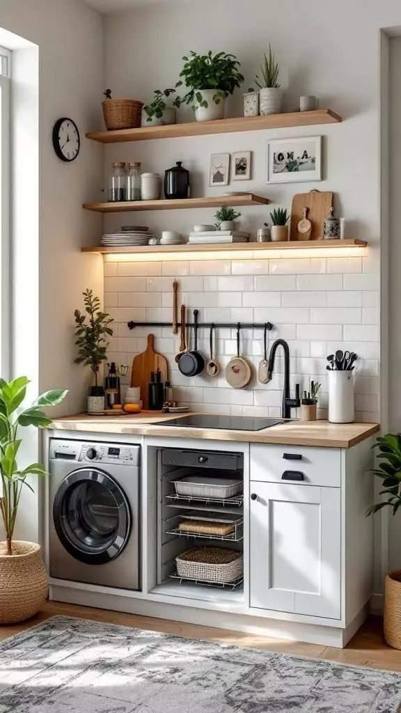 A stylish kitchen featuring an appliance garage and a desk area with shelves and plants.