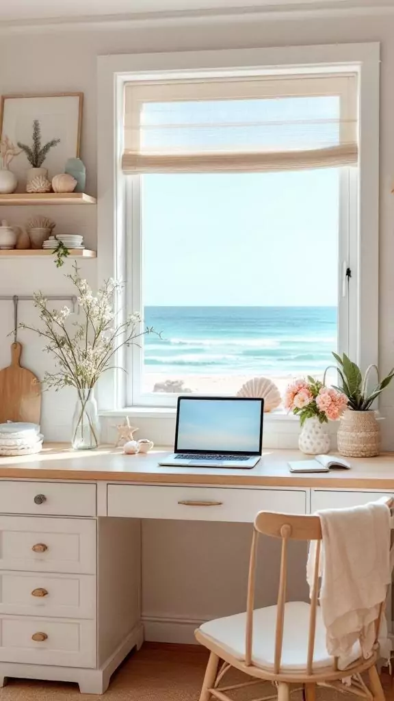 A bright coastal kitchen desk with a laptop, flowers, and a view of the beach.