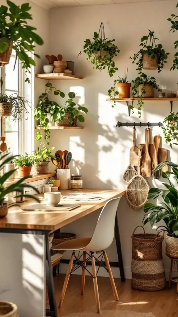 Boho kitchen desk featuring rattan accents and plants.