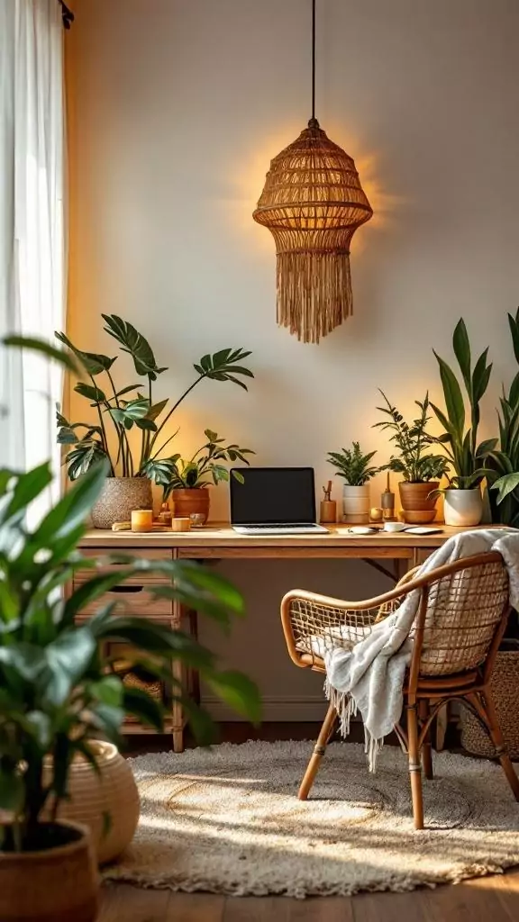 A cozy boho office featuring rattan furniture, plants, and warm lighting.