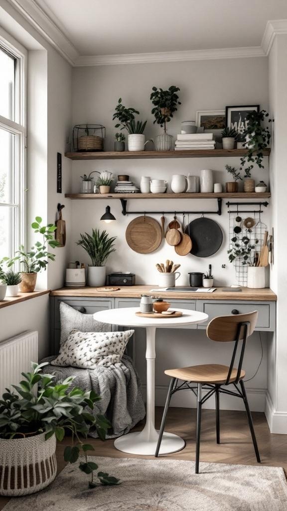 Cozy breakfast nook with a kitchen desk combo, featuring plants and a stylish table.