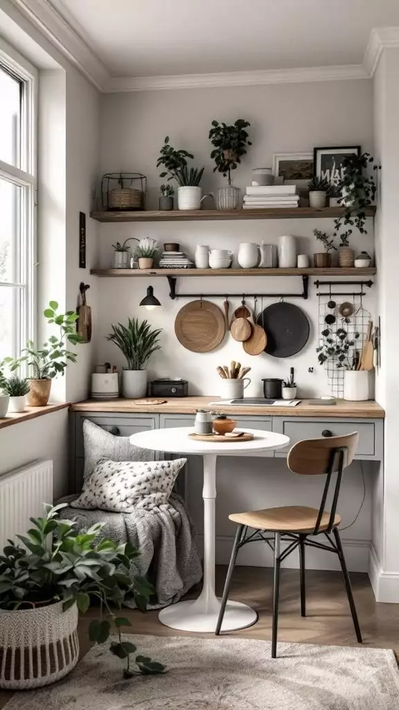 Cozy breakfast nook with a kitchen desk combo, featuring plants and a stylish table.