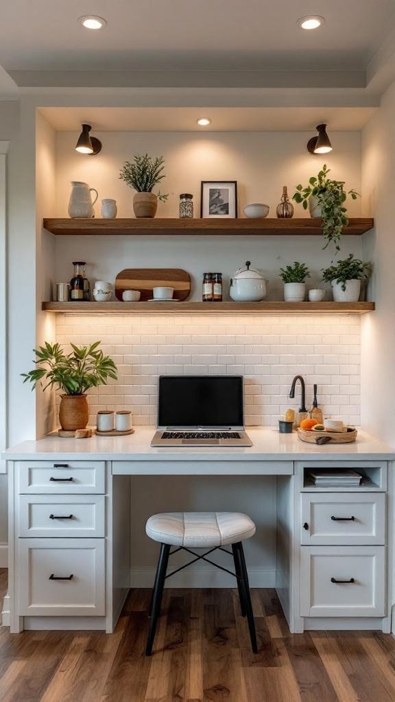 Built-in kitchen desk with floating shelves and decorative items.