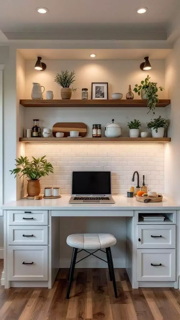 Built-in kitchen desk with floating shelves and decorative items.