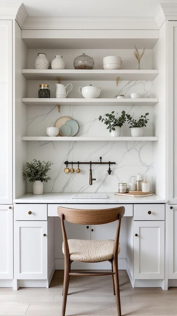 A built-in kitchen desk with a marble backsplash, featuring shelves with decorative items and a wooden chair.