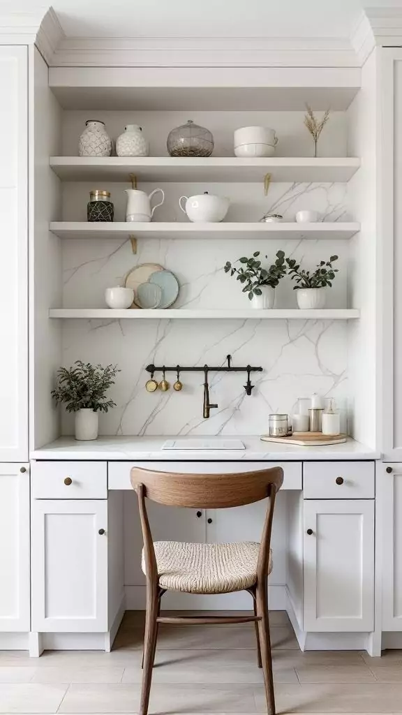 A built-in kitchen desk with a marble backsplash, featuring shelves with decorative items and a wooden chair.