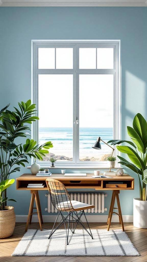 A serene coastal office with blue walls, a wooden desk, and plants, overlooking the ocean.