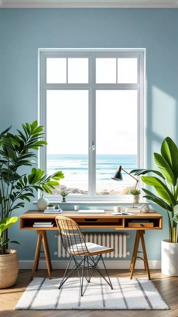 A serene coastal office with blue walls, a wooden desk, and plants, overlooking the ocean.