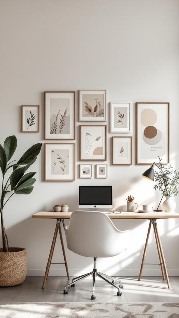 A calming gallery wall featuring neutral art in a serene office space.