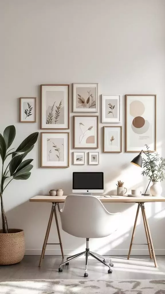 A calming gallery wall featuring neutral art in a serene office space.