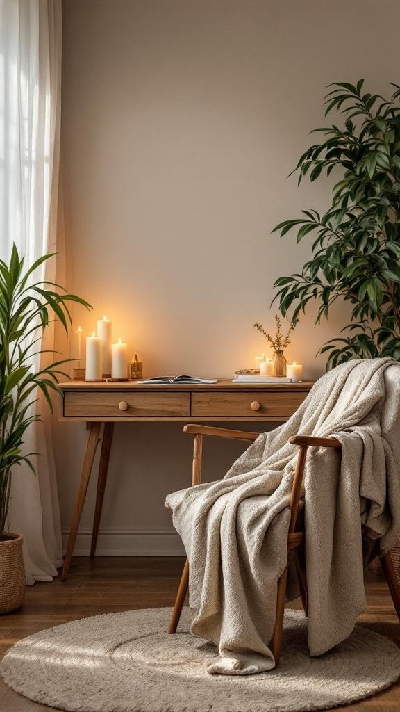 A cozy office setup with candles, a wooden desk, and a comfortable chair.