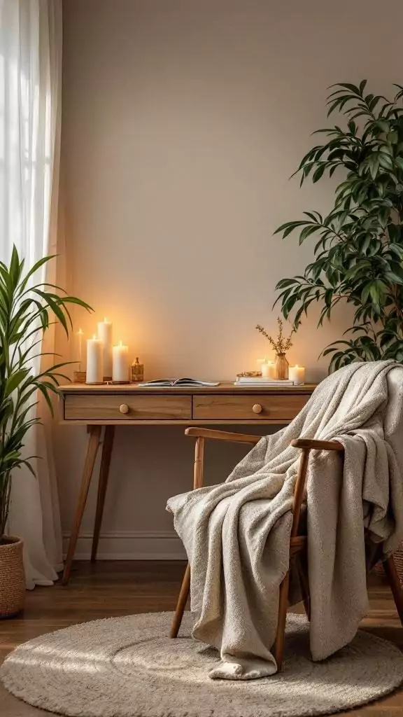 A cozy office setup with candles, a wooden desk, and a comfortable chair.