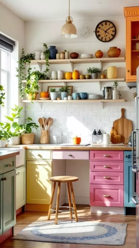 A colorful kitchen desk area with painted cabinetry, featuring a cozy stool and open shelving.
