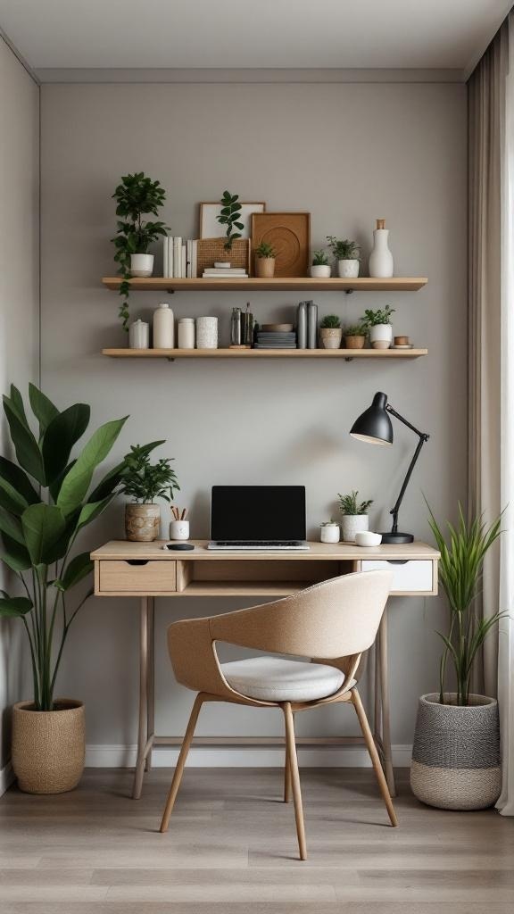 Compact kitchen desk with a fold-down surface, featuring plants and a laptop.