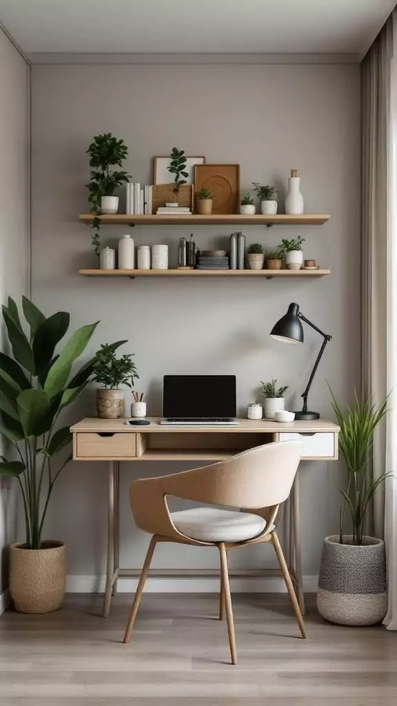Compact kitchen desk with a fold-down surface, featuring plants and a laptop.