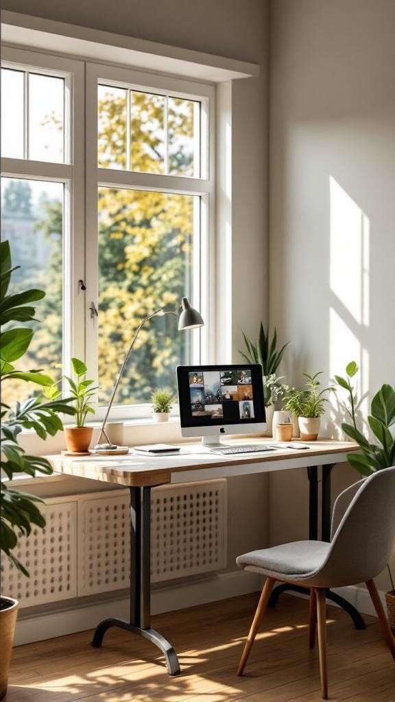 Corner kitchen desk nook with a window view, featuring a computer, plants, and a cozy chair.