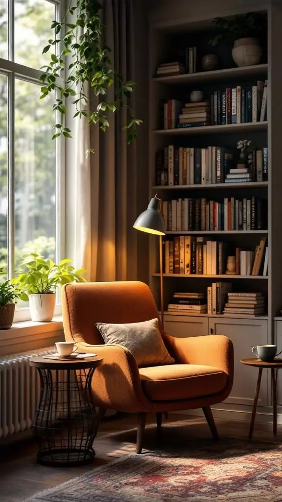 A cozy reading nook with an orange chair, bookshelf, and plants in an office corner.
