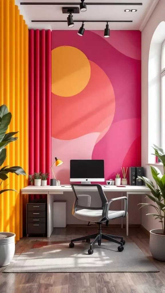 A modern office space featuring noise-canceling panels in vibrant colors, a desk with a computer, and plants.