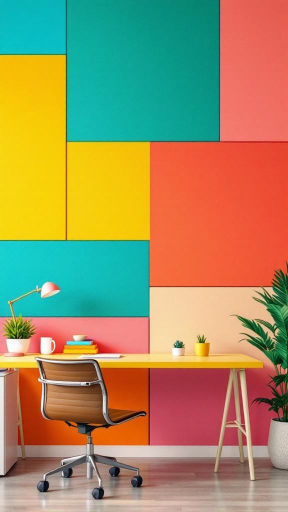 A vibrant color block wall in an office setting with a desk and plants.