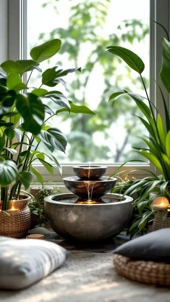 A serene zen corner featuring a small fountain surrounded by plants and stones.