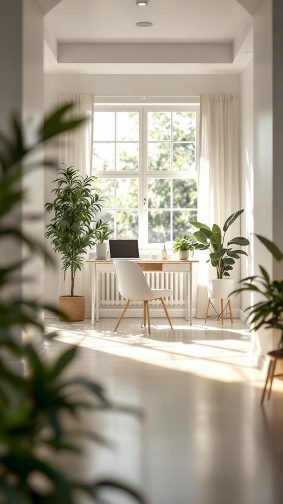 Bright and minimal office space with plants and a desk by a window.