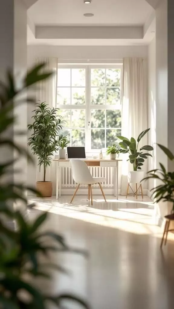 Bright and minimal office space with plants and a desk by a window.