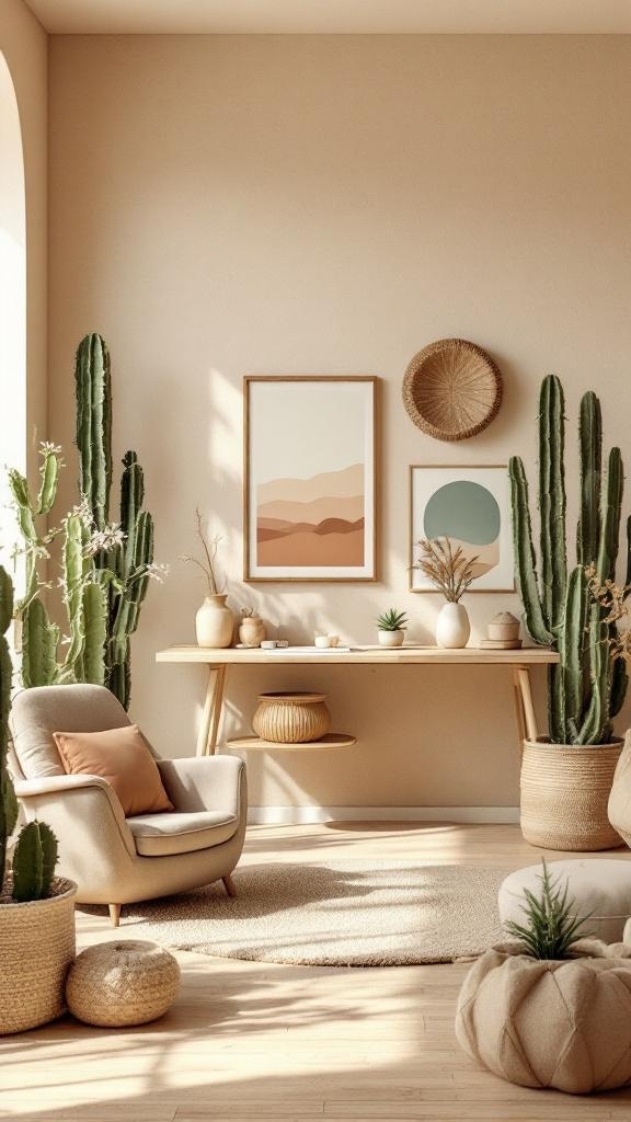 A serene office space featuring earth tones, cacti, and natural decor.
