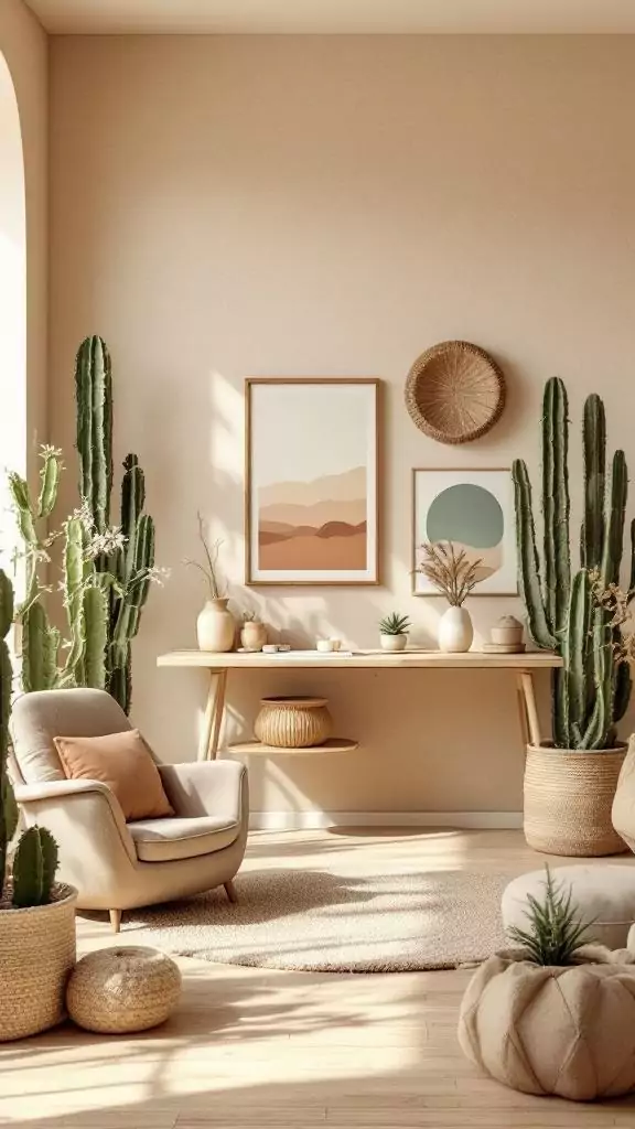 A serene office space featuring earth tones, cacti, and natural decor.