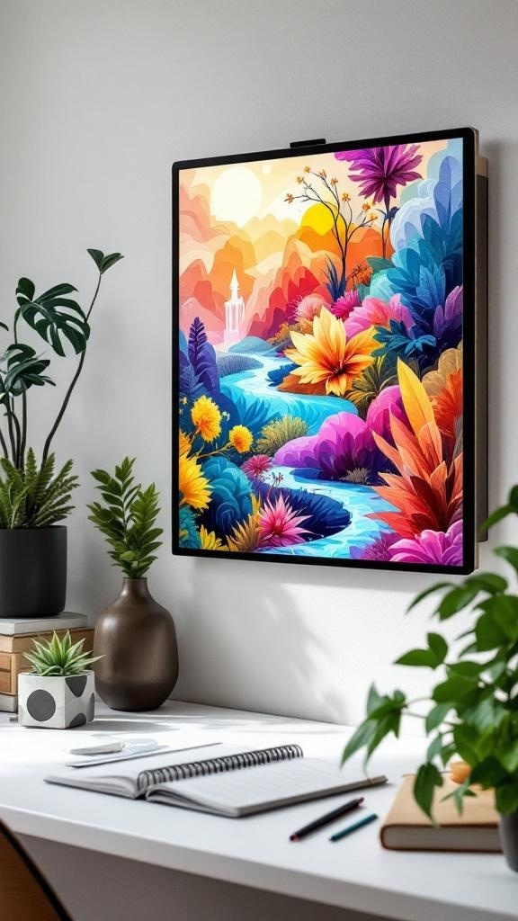 Colorful art frame displayed in a modern office setting.