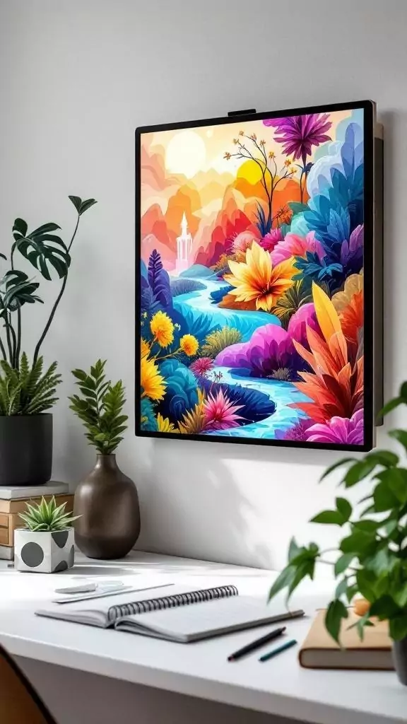 Colorful art frame displayed in a modern office setting.