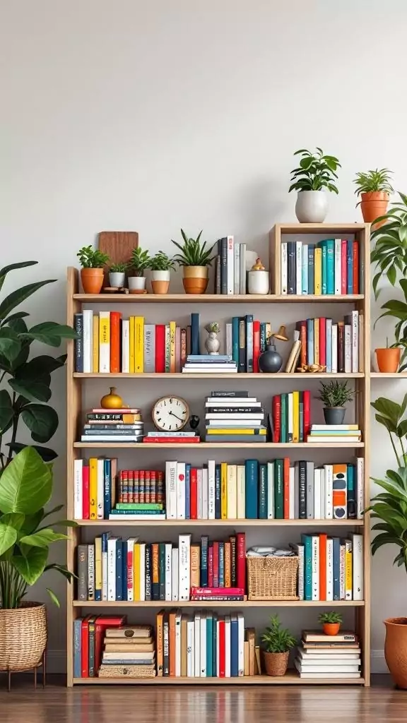 A stylish bookshelf filled with colorful books and plants, creating a cozy office atmosphere.