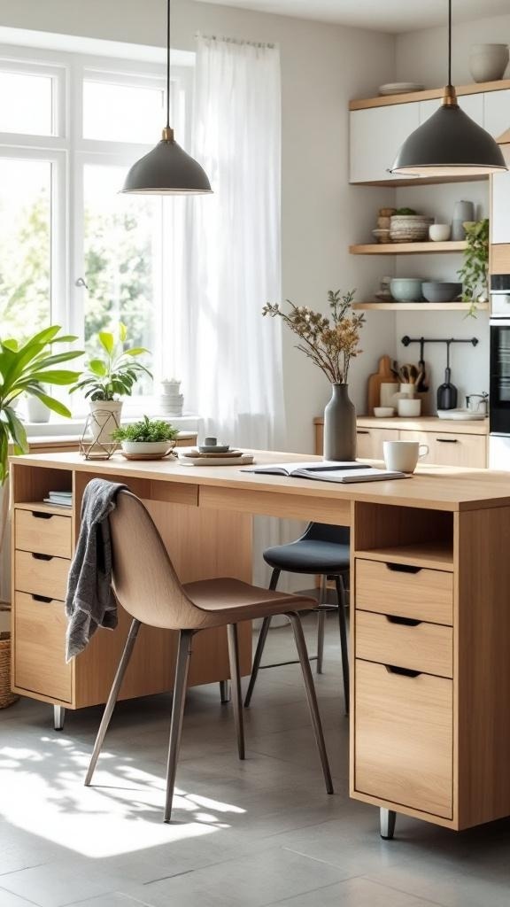 A modern dual kitchen desk with two chairs, surrounded by plants and natural light.