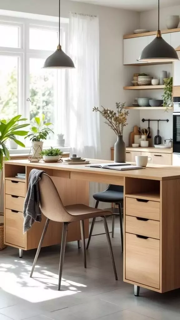 A modern dual kitchen desk with two chairs, surrounded by plants and natural light.