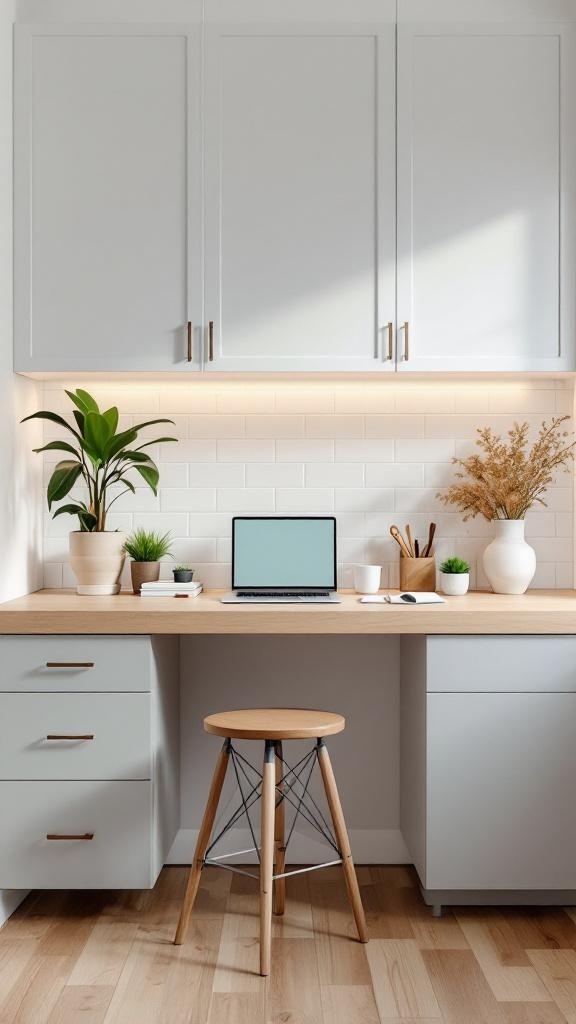 A modern floating kitchen desk under cabinets with a laptop and plants.