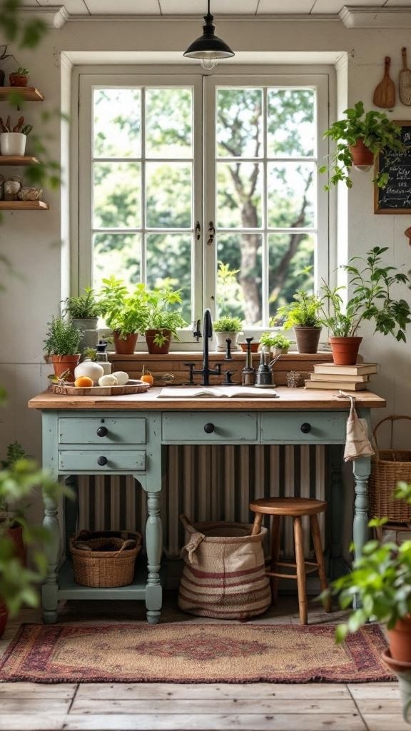 A rustic French country kitchen desk with plants and natural light.