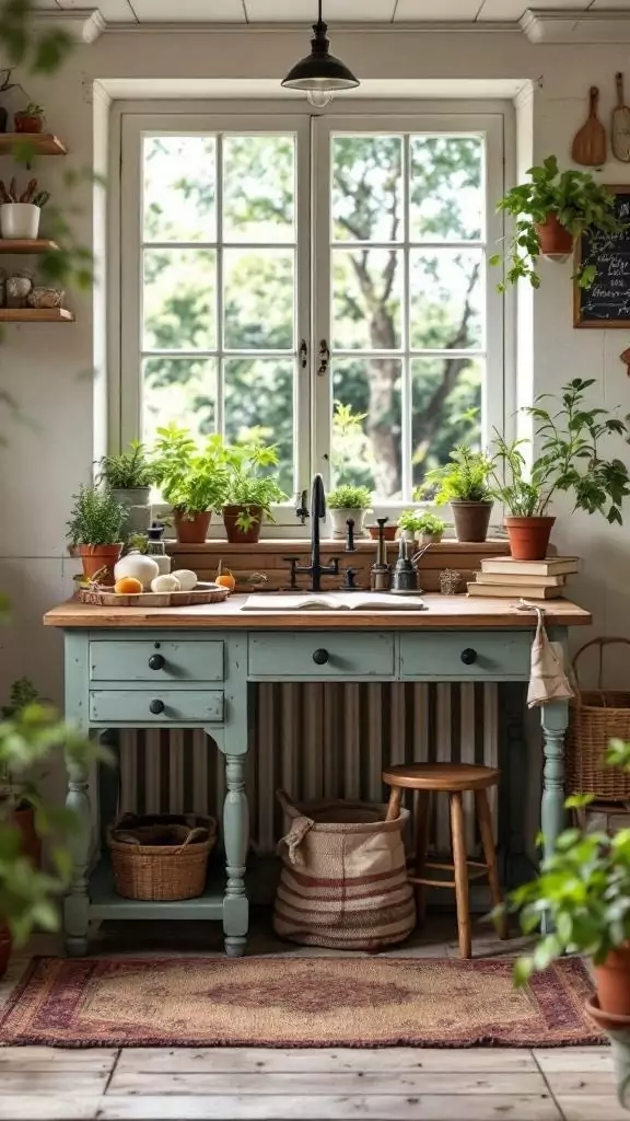 A rustic French country kitchen desk with plants and natural light.