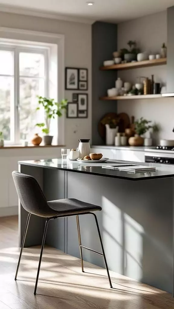 A modern kitchen with a glass desk extension on the island, featuring a chair and decorative items.
