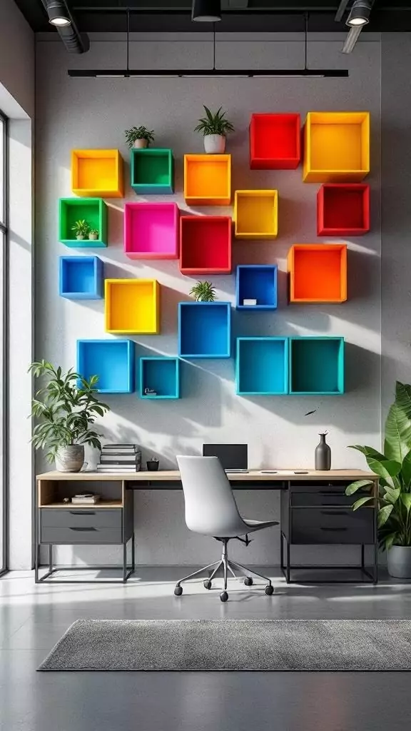Colorful floating wall cubes arranged on a wall with plants and a modern office desk in the foreground.